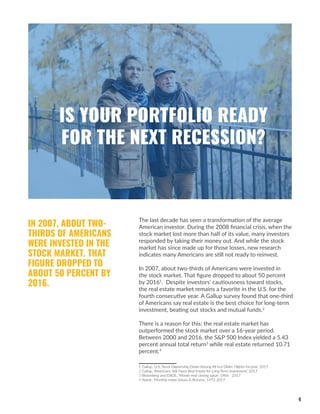 4
The last decade has seen a transformation of the average
American investor. During the 2008 financial crisis, when the
stock market lost more than half of its value, many investors
responded by taking their money out. And while the stock
market has since made up for those losses, new research
indicates many Americans are still not ready to reinvest.
In 2007, about two-thirds of Americans were invested in
the stock market. That figure dropped to about 50 percent
by 20161
. Despite investors’ cautiousness toward stocks,
the real estate market remains a favorite in the U.S. for the
fourth consecutive year. A Gallup survey found that one-third
of Americans say real estate is the best choice for long-term
investment, beating out stocks and mutual funds.2
There is a reason for this; the real estate market has
outperformed the stock market over a 16-year period.
Between 2000 and 2016, the S&P 500 Index yielded a 5.43
percent annual total return3
while real estate returned 10.71
percent.4
1 Gallup, ‘U.S. Stock Ownership Down Among All but Older, Higher-Income,’ 2017
2 Gallup, ‘Americans Still Favor Real Estate for Long-Term Investment,’ 2017
3 Bloomberg and CBOE, ‘Month-end closing value’, 1986 - 2017
4 Nareit, ‘Monthly Index Values & Returns,’ 1972-2017
IN 2007, ABOUT TWO-
THIRDS OF AMERICANS
WERE INVESTED IN THE
STOCK MARKET. THAT
FIGURE DROPPED TO
ABOUT 50 PERCENT BY
2016.
IS YOUR PORTFOLIO READY
FOR THE NEXT RECESSION?
 