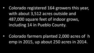 • Colorado registered 164 growers this year,
with about 3,512 acres outside and
487,000 square feet of indoor grows,
including 14 in Pueblo County.
• Colorado farmers planted 2,000 acres of h
emp in 2015, up about 250 acres in 2014.
 