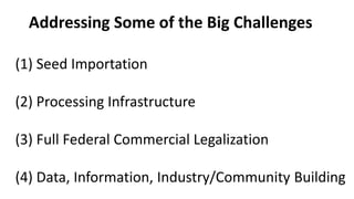 Addressing Some of the Big Challenges
(1) Seed Importation
(2) Processing Infrastructure
(3) Full Federal Commercial Legalization
(4) Data, Information, Industry/Community Building
 