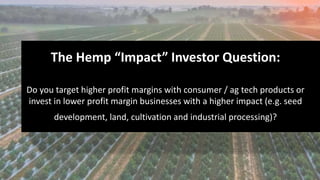 The Hemp “Impact” Investor Question:
Do you target higher profit margins with consumer / ag tech products or
invest in lower profit margin businesses with a higher impact (e.g. seed
development, land, cultivation and industrial processing)?
 