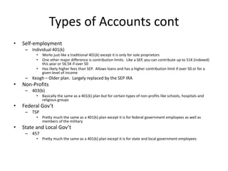Types of Accounts cont
• Self-employment
– Individual 401(k)
• Works just like a traditional 401(k) except it is only for ...
