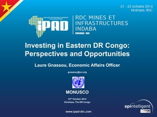 Investing in Eastern DR Congo:
Perspectives and Opportunities
Laure Gnassou, Economic Affairs Officer
gnassou@un.org
MONUSCO
23rd October 2014
Kinshasa, The DR Congo
 