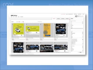 Mapping Creative Technology
                                                                                Revenue                                        (Hyper-)           Digital @
                                                                                                                                                                   Gaming
                                                                                                                             Localization          Retail


                                                      Marketing                                                     Social            Mobile
                                                     Automation

                                                                                                                                 Digital
                                                                                                            Web
                                        Ad Builder        Analytics             Optimization
                                                                                                                                 Video

                                                                                                                                                      Augmented
                                                                                                                                            iAD
                                                                                                                                                        Reality
                                                                                                          Digital
                                                                              (e)CRM
                                                                                                          Display
                                                                                                                                                        New ways of Engaging
New ways of Working                                                           Content
                                                                               Mngt
                                                                                                            End-to-end, fully automated,
                                                                                                          Search                    the ‘Audience’
                                                                                                               constantly optimized
                            Data
                        visualisation
                                                             Media Mngt               Cloud
                                                                                                             marketing implementation
                          Business
                        Intelligence                         Distribution            API/open
                                                              Networks              architecture

         Enterprise
           Social
         Networking                                                                       Rich Internet
                                                      Ad Serving            Email          Technology
                                                                                                              html5
           Client
          Extranet
                                                                                                     Chrome
                                                                      iOS           Android
                                                                                                       OS
         Workflow

                 Knowledge
 Asset Mngt                                                                          Cost
                   Mngt
 