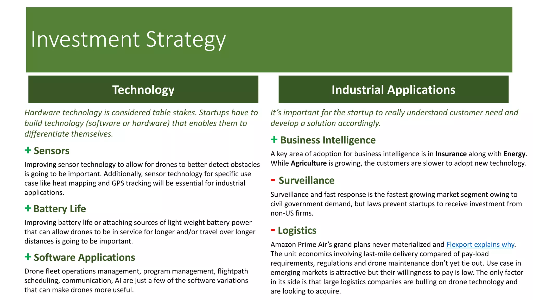 Investment Strategy
Hardware technology is considered table stakes. Startups have to
build technology (software or hardware) that enables them to
differentiate themselves.
+ Sensors
Improving sensor technology to allow for drones to better detect obstacles
is going to be important. Additionally, sensor technology for specific use
case like heat mapping and GPS tracking will be essential for industrial
applications.
+Battery Life
Improving battery life or attaching sources of light weight battery power
that can allow drones to be in service for longer and/or travel over longer
distances is going to be important.
+ Software Applications
Drone fleet operations management, program management, flightpath
scheduling, communication, AI are just a few of the software variations
that can make drones more useful.
It’s important for the startup to really understand customer need and
develop a solution accordingly.
+ Business Intelligence
A key area of adoption for business intelligence is in Insurance along with Energy.
While Agriculture is growing, the customers are slower to adopt new technology.
- Surveillance
Surveillance and fast response is the fastest growing market segment owing to
civil government demand, but laws prevent startups to receive investment from
non-US firms.
- Logistics
Amazon Prime Air’s grand plans never materialized and Flexport explains why.
The unit economics involving last-mile delivery compared of pay-load
requirements, regulations and drone maintenance don’t yet tie out. Use case in
emerging markets is attractive but their willingness to pay is low. The only factor
in its side is that large logistics companies are bulling on drone technology and
are looking to acquire.
Technology Industrial Applications
 