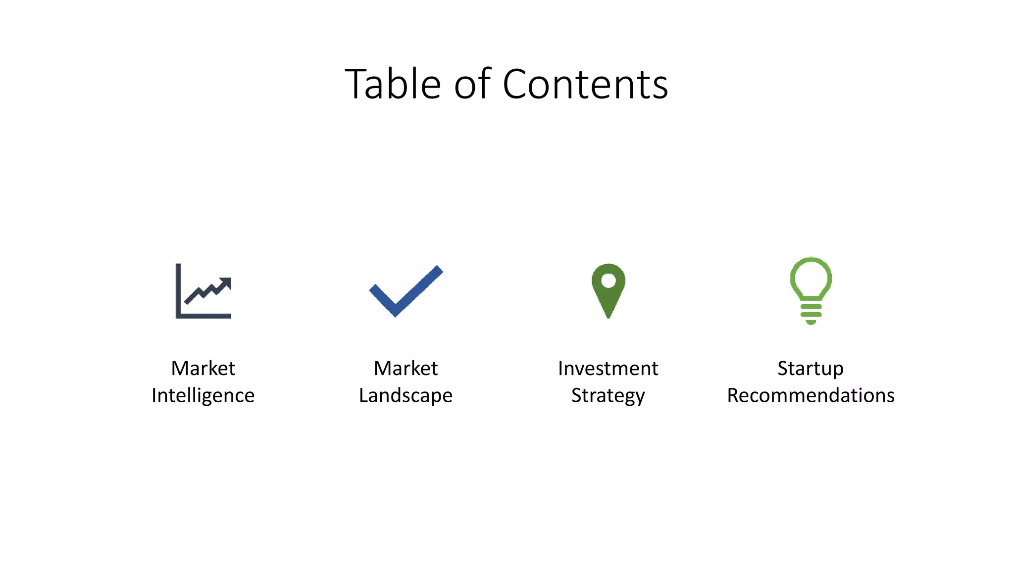 Table of Contents
Market
Intelligence
Market
Landscape
Investment
Strategy
Startup
Recommendations
 