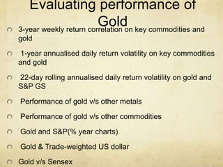 Evaluating performance of
Gold3-year weekly return correlation on key commodities and
gold
1-year annualised daily return volatility on key commodities
and gold
22-day rolling annualised daily return volatility on gold and
S&P GS
Performance of gold v/s other metals
Performance of gold v/s other commodities
Gold and S&P(% year charts)
Gold & Trade-weighted US dollar
Gold v/s Sensex
 