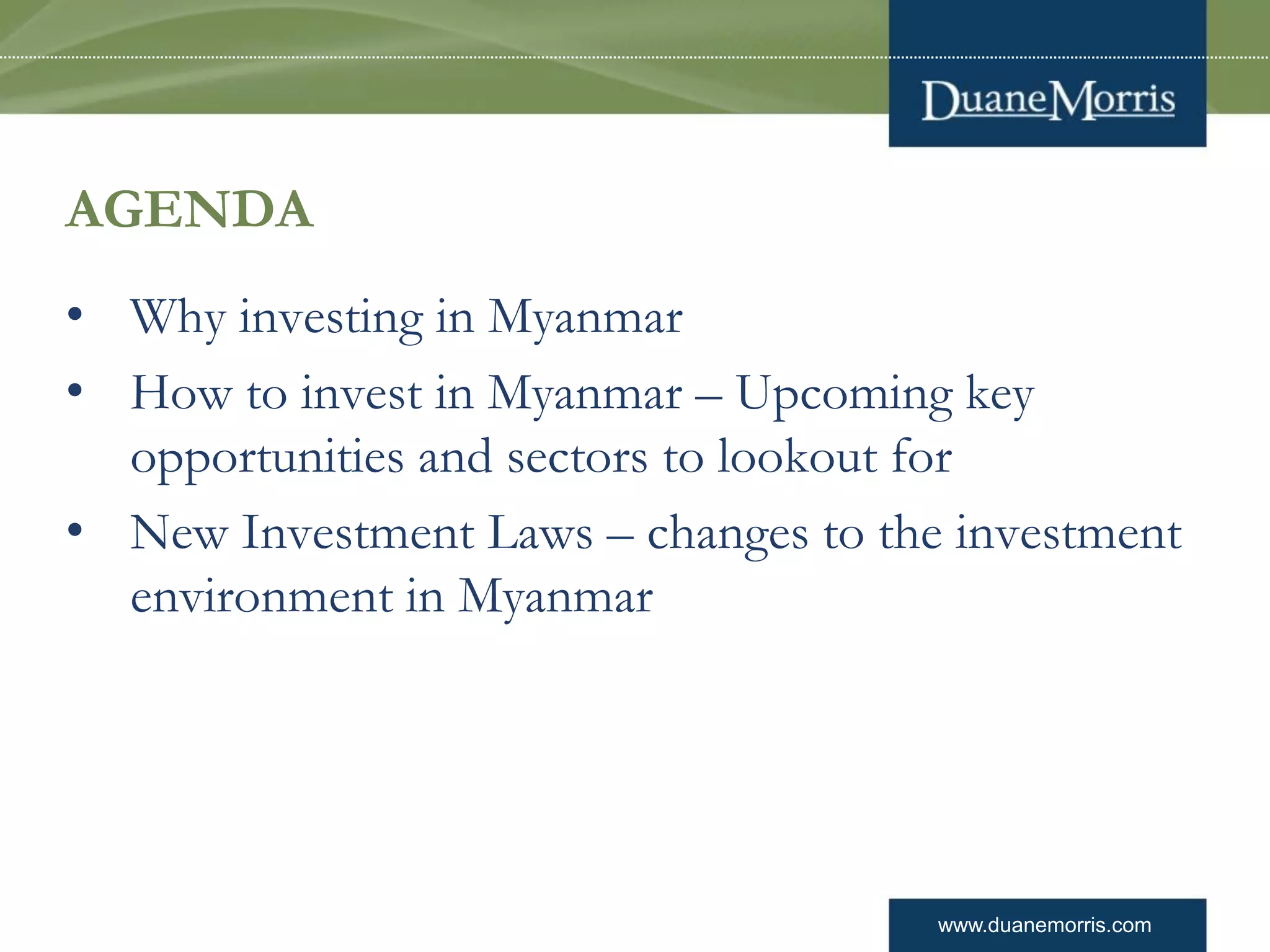 Investing in Myanmar under the new Investment Laws PPT