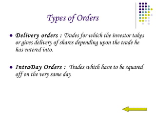 Delivery orders :  Trades for which the investor takes or gives delivery of shares depending upon the trade he has entered into.  IntraDay Orders :   Trades which have to be squared off on the very same day Types of Orders 