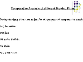 Comparative Analysis of different Broking Firms Following Broking Firms are taken for the purpose of comparative analysis :- Kotak Securities Sharekhan  IDBI paisa builder.  India Bulls HDFC Securities 