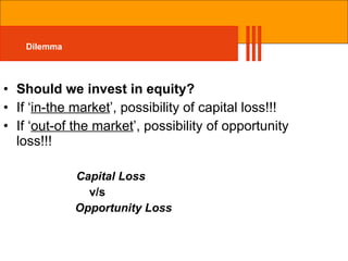 Should we invest in equity? If ‘ in-the market ’, possibility of capital loss!!! If ‘ out-of the market ’, possibility of opportunity loss!!! Capital Loss v/s Opportunity Loss Dilemma 