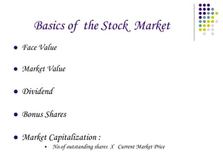 Basics of  the Stock  Market  Face Value  Market Value  Dividend  Bonus Shares  Market Capitalization :  No.of outstanding shares  X  Current Market Price 