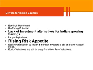 Drivers for Indian Equities Earnings Momentum Re-Rating Potential Lack of Investment alternatives for India’s growing Savings Larger Aspirations Rising Risk Appetite Equity Participation by Indian & Foreign Investors is still at a fairly nascent stage. Equity Valuations are still far away from their Peak Valuations. 