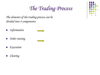 The Trading Process The elements of the trading process can be  divided into 4 components: Information Order routing Execution Clearing 
