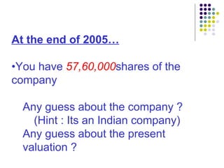 At the end of 2005… • You have  57,60,000 shares of the company Any guess about the company ?  (Hint : Its an Indian company) Any guess about the present valuation ?   