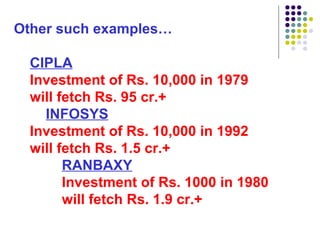 Other such examples… CIPLA Investment of Rs. 10,000 in 1979 will fetch Rs. 95 cr.+ INFOSYS Investment of Rs. 10,000 in 1992 will fetch Rs. 1.5 cr.+ RANBAXY Investment of Rs. 1000 in 1980 will fetch Rs. 1.9 cr.+ 