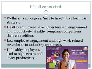It’s all connected.

Wellness is no longer a “nice to have”; it’s a business
 strategy.
Healthy employees have higher levels of engagement
 and productivity. Healthy companies outperform
 their competition.
Low employee engagement and high work-related
 stress leads to unhealthy employees.
Unhealthy employees
 lead to higher costs and
 lower productivity.
 