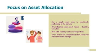 24
Focus on Asset Allocation
• Not a single asset class is consistently
performing in the markets
• Diversification across asset classes - Equities,
Gold, RE
• Debt adds stability to the overall portfolio
• Invest more when valuations are low, Invest less
when valuations are high
 