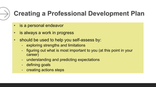 Creating a Professional Development Plan 
• is a personal endeavor 
• is always a work in progress 
• should be used to he...