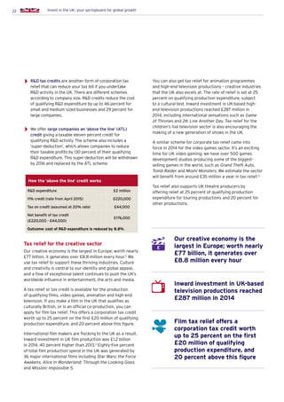 22 Invest in the UK: your springboard for global growth
RD tax credits are another form of corporation tax
relief that can reduce your tax bill if you undertake
RD activity in the UK. There are different schemes
according to company size. RD credits reduce the cost
of qualifying RD expenditure by up to 46 percent for
small and medium sized businesses and 29 percent for
large companies.
We offer large companies an ‘above the line’ (ATL)
credit giving a taxable eleven percent credit for
qualifying RD activity. The scheme also includes a
‘super-deduction’, which allows companies to reduce
their taxable profits by 130 percent of their qualifying
RD expenditure. This super-deduction will be withdrawn
by 2016 and replaced by the ATL scheme.
Tax relief for the creative sector
Our creative economy is the largest in Europe; worth nearly
£77 billion, it generates over £8.8 million every hour.2
We
use tax relief to support these thriving industries. Culture
and creativity is central to our identity and global appeal,
and a flow of exceptional talent continues to push the UK’s
worldwide influence in entertainment, the arts and media.
A tax relief or tax credit is available for the production
of qualifying films, video games, animation and high-end
television. If you make a film in the UK that qualifies as
culturally British, or is an official co-production, you can
apply for film tax relief. This offers a corporation tax credit
worth up to 25 percent on the first £20 million of qualifying
production expenditure, and 20 percent above this figure.
International film makers are flocking to the UK as a result.
Inward investment in UK film production was £1.2 billion
in 2014, 40 percent higher than 2013.3
Eighty-five percent
of total film production spend in the UK was generated by
36 major international films including Star Wars: the Force
Awakens, Alice in Wonderland: Through the Looking Glass
and Mission: Impossible 5.
How the ‘above the line’ credit works
RD expenditure £2 million
11% credit (rate from April 2015) £220,000
Tax on credit (assumed at 20% rate) £44,000
Net benefit of tax credit
(£220,000 - £44,000)
£176,000
Outcome: cost of RD expenditure is reduced by 8.8%
You can also get tax relief for animation programmes
and high-end television productions – creative industries
that the UK also excels at. The rate of relief is set at 25
percent on qualifying production expenditure, subject
to a cultural test. Inward investment in UK-based high-
end television productions reached £287 million in
2014, including international sensations such as Game
of Thrones and 24: Live Another Day. Tax relief for the
children’s live television sector is also encouraging the
making of a new generation of shows in the UK.
A similar scheme for corporate tax relief came into
force in 2014 for the video games sector. It’s an exciting
time for UK video gaming; we have over 500 games
development studios producing some of the biggest-
selling games in the world, such as Grand Theft Auto,
Tomb Raider and Moshi Monsters. We estimate the sector
will benefit from around £35 million a year in tax relief.4
Tax relief also supports UK theatre producers by
offering relief at 25 percent of qualifying production
expenditure for touring productions and 20 percent for
other productions.
Our creative economy is the
largest in Europe; worth nearly
£77 billion, it generates over
£8.8 million every hour
Inward investment in UK-based
television productions reached
£287 million in 2014
Film tax relief offers a
corporation tax credit worth
up to 25 percent on the first
£20 million of qualifying
production expenditure, and
20 percent above this figure
£
 