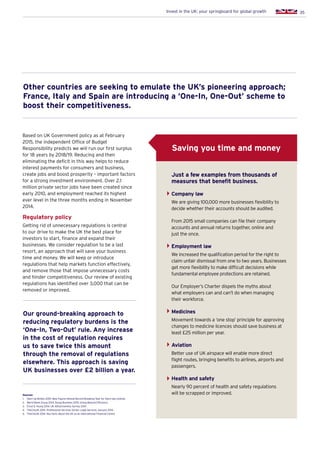 35Invest in the UK: your springboard for global growth
Based on UK Government policy as at February
2015, the independent Office of Budget
Responsibility predicts we will run our first surplus
for 18 years by 2018/19. Reducing and then
eliminating the deficit in this way helps to reduce
interest payments for consumers and business,
create jobs and boost prosperity – important factors
for a strong investment environment. Over 2.1
million private sector jobs have been created since
early 2010, and employment reached its highest
ever level in the three months ending in November
2014.
Regulatory policy
Getting rid of unnecessary regulations is central
to our drive to make the UK the best place for
investors to start, finance and expand their
businesses. We consider regulation to be a last
resort, an approach that will save your business
time and money. We will keep or introduce
regulations that help markets function effectively,
and remove those that impose unnecessary costs
and hinder competitiveness. Our review of existing
regulations has identified over 3,000 that can be
removed or improved.
Just a few examples from thousands of
measures that benefit business.
Company law
We are giving 100,000 more businesses flexibility to
decide whether their accounts should be audited.
From 2015 small companies can file their company
accounts and annual returns together, online and
just the once.
Employment law
We increased the qualification period for the right to
claim unfair dismissal from one to two years. Businesses
get more flexibility to make difficult decisions while
fundamental employee protections are retained.
Our Employer’s Charter dispels the myths about
what employers can and can’t do when managing
their workforce.
Medicines
Movement towards a ‘one stop’ principle for approving
changes to medicine licences should save business at
least £25 million per year.
Aviation
Better use of UK airspace will enable more direct
flight routes, bringing benefits to airlines, airports and
passengers.
Health and safety
Nearly 90 percent of health and safety regulations
will be scrapped or improved.Sources:
1.	 Start Up Britain 2015. New Figures Reveal Record-Breaking Year for Start-Ups (online)
2.	 World Bank Group 2014. Doing Business 2015: Going Beyond Efficiency
3.	 Ernst  Young 2014. UK Attractiveness Survey 2014
4.	 TheCityUK 2014. Professional Services Series: Legal Services January 2014
5.	 TheCityUK 2014. Key Facts about the UK as an International Financial Centre
Saving you time and money
Other countries are seeking to emulate the UK’s pioneering approach;
France, Italy and Spain are introducing a ‘One-In, One-Out’ scheme to
boost their competitiveness.
Our ground-breaking approach to
reducing regulatory burdens is the
‘One-In, Two-Out’ rule. Any increase
in the cost of regulation requires
us to save twice this amount
through the removal of regulations
elsewhere. This approach is saving
UK businesses over £2 billion a year.
 