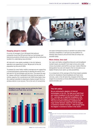 41Invest in the UK: your springboard for global growth
Keeping ahead in mobile
A survey of managers from UK-based international
companies found that 90 percent feel our technology and
telecommunications infrastructure makes the UK an attractive
location for undertaking new activities.5
4G internet is now widely available in the UK. Network
operators are expecting to cover 98 percent of the UK
population by the end of 2015.
To prepare for even faster mobile coverage we are supporting
a university/industry partnership to develop the world’s first
test bed for 5G technologies and services. This paves the way
for ‘always sufficient’ bandwidth that gives the perception of
infinite capacity. 5G is predicted to be 1,000 times faster than
4G, making it possible to download a feature-length film to a
wireless device in one second. This is the sort of connectivity
The UK online
We are enthusiastic adopters of internet
technologies in the UK. The take-up of both fixed
and mobile broadband is the fourth highest in the
EU – and take-up of superfast broadband is the
highest in the five largest economies in the EU.7
This love of online technology, combined with
huge market demand, makes the UK the biggest
e-commerce market in Europe – with Europe being
the biggest e-commerce market in the world.8
Source: Ofcom, using data supplied by Teligen
Weighted average single-service pricing for fixed
broadband and fixed voice services
8Mbit/s, 25GB and
250 mins (Basket 1)
16Mbit/s, 50GB and
250 mins (Basket 2)
30Mbit/s, 75GB and
250 mins (Basket 3)
UK France Germany Spain Italy
£42
£42
£47
010203040506070
£47
£47
£51
£52
£52
£65
£65
£66
£52
£51
£56
Sources:
1.	ABI Research 2014. The Internet of Things will Drive Wireless Connected Devices to 40.9 billion in 2020
(online)
2.	 World Economic Forum 2014. Global Information Technology Report
3.	 Ofcom 2014. European Broadband Scorecard – December 2014 update
4.	 PwC 2014. Cities of Opportunity
5.	 Ernst  Young 2014
6.	Ofcom 2014. European Broadband Scorecard (December 2014 update). For detailed notes accompanying
this data, see page 22 of this report at: http://stakeholders.ofcom.org.uk/binaries/research/cmr/cmr14/icmr/
EU_Scorecard_2014.pdf. While Ofcom note that none of the available pricing metrics is perfect in isolation,
they state that weighted average pricing measures generally offer a more accurate reflection of the prices
consumers are paying in a given market
7.	 Ofcom 2014. European Broadband Scorecard - December 2014 update
8.	 Ecommerce Europe 2014. Europe B2C Ecommerce Report 2014
we expect UK-based business to benefit from before their
overseas competitors. It will give you the platform to
develop new products and services that are simply not
possible today.
More choice, less cost
Our open and highly competitive telecoms and broadband
market means you benefit from lower prices and a wide
choice of providers and tariffs to suit your needs. Effective
deregulation has also set industry free to innovate as our
digital infrastructure opens up new possibilities.
In a comparison of the average of the three lowest available
prices for standalone fixed broadband and fixed voice
services, costs in the UK were the cheapest of the five
largest EU economies at three different levels of broadband
speed and data use.6
£62
 