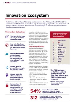 44 Invest in the UK: your springboard for global growth
Innovation Ecosystem
Innovation makes business more
productive – which in turn makes our
economy more competitive and more
responsive to change. From robotics
to life sciences, and from aerospace to
the creative industries, international
companies use this environment to
develop market-leading products and
services.
Innovation performance
International benchmarking
studies confirm the strength of our
innovation environment. We are the
top-rated major world economy in
the Global Innovation Index.1
This
index highlights particular strengths
in our higher education sector, the
ease with which firms can access
credit, the proportion of knowledge-
intensive employment and university-
business collaboration.
The level of investment in UK-based
research and development (RD) by
foreign-owned companies shows just
how competitive our offer is.
In 2012 the UK attracted almost
US$7.7 billion of overseas-financed
RD. This is:
• The same as Canada, Finland,
Japan, China, Russia and Denmark
combined.
• More than either France or Germany.
• Just under half that of the USA.2
The highest rated major
economy in the Global
Innovation Index
Over half of business
RD expenditure in the
UK is by foreign-owned
businesses
Collaboration between
universities and
business rated as
the most effective
among Europe’s major
economies
Highest research
productivity among the
top research nations
Highest proportion
of the workforce in
knowledge-intensive
jobs in the G20
Ranked ahead of
all of our major
competitors for the
quality and security
of our intellectual
property system
UK innovation: the headlines
“The RD landscape
in the UK is good and
getting stronger. We
have great linkages with
RD institutions and
networks.”
- Airbus, world leading
commercial aircraft
manufacturer
The UK has a rich heritage of discovery and innovation – the UK has produced 78 Nobel Prize
winners in scientific disciplines, more than any other country apart from the USA. But we are not
simply a nation of inventors. We continue to invest heavily in an innovation system that turns
ideas into commercial success.
Global Innovation Index
2014 – top eight and
selected rankings
1	 Switzerland
2	 UK
3	 Sweden
4	 Finland
5	 Netherlands
6	 USA
7	 Singapore
8	 Denmark
11	 Ireland
13	 Germany
22	 France
27	 Spain
31	 Italy
Over half of business RD
expenditure in the UK was by
foreign-owned businesses in 20133
Investments in UK-based RD made
by international companies in 2013/14
– the highest ever annual total4
54%
312
Source: Cornell University/INSEAD/WIPO
 