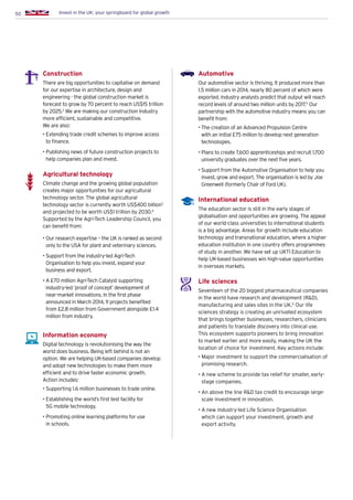 50 Invest in the UK: your springboard for global growth
Construction
There are big opportunities to capitalise on demand
for our expertise in architecture, design and
engineering - the global construction market is
forecast to grow by 70 percent to reach US$15 trillion
by 2025.2
We are making our construction industry
more efficient, sustainable and competitive.
We are also:
• Extending trade credit schemes to improve access
to finance.
• Publishing news of future construction projects to
help companies plan and invest.
Agricultural technology
Climate change and the growing global population
creates major opportunities for our agricultural
technology sector. The global agricultural
technology sector is currently worth US$400 billion3
and projected to be worth US$1 trillion by 2030.4
Supported by the Agri-Tech Leadership Council, you
can benefit from:
• Our research expertise – the UK is ranked as second
only to the USA for plant and veterinary sciences.
• Support from the industry-led Agri-Tech
Organisation to help you invest, expand your
business and export.
• A £70 million Agri-Tech Catalyst supporting
industry-led ‘proof of concept’ development of
near-market innovations. In the first phase
announced in March 2014, 11 projects benefited
from £2.8 million from Government alongside £1.4
million from industry.
Information economy
Digital technology is revolutionising the way the
world does business. Being left behind is not an
option. We are helping UK-based companies develop
and adopt new technologies to make them more
efficient and to drive faster economic growth.
Action includes:
• Supporting 1.6 million businesses to trade online.
• Establishing the world’s first test facility for
5G mobile technology.
• Promoting online learning platforms for use
in schools.
Automotive
Our automotive sector is thriving. It produced more than
1.5 million cars in 2014, nearly 80 percent of which were
exported. Industry analysts predict that output will reach
record levels of around two million units by 2017.5
Our
partnership with the automotive industry means you can
benefit from:
• The creation of an Advanced Propulsion Centre
with an initial £75 million to develop next generation
technologies.
• Plans to create 7,600 apprenticeships and recruit 1,700
university graduates over the next five years.
• Support from the Automotive Organisation to help you
invest, grow and export. The organisation is led by Joe
Greenwell (formerly Chair of Ford UK).
International education
The education sector is still in the early stages of
globalisation and opportunities are growing. The appeal
of our world-class universities to international students
is a big advantage. Areas for growth include education
technology and transnational education, where a higher
education institution in one country offers programmes
of study in another. We have set up UKTI Education to
help UK-based businesses win high-value opportunities
in overseas markets.
Life sciences
Seventeen of the 20 biggest pharmaceutical companies
in the world have research and development (RD),
manufacturing and sales sites in the UK.6
Our life
sciences strategy is creating an unrivalled ecosystem
that brings together businesses, researchers, clinicians
and patients to translate discovery into clinical use.
This ecosystem supports pioneers to bring innovation
to market earlier and more easily, making the UK the
location of choice for investment. Key actions include:
• Major investment to support the commercialisation of
promising research.
• A new scheme to provide tax relief for smaller, early-
stage companies.
• An above the line RD tax credit to encourage large-
scale investment in innovation.
• A new industry-led Life Science Organisation
which can support your investment, growth and
export activity.
 