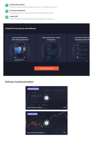 Customizable interface
Customize the platform to make it t better to your needs  from chart type to color theme.
Convenient withdrawals
Withdraw your money in an instant using a wide range of available payment systems.
Support 24/7
A team of professionals speaking your mother tongue are always here to support you.
Powerful and easy-to-use features
Build your investing foundation
Use smart Newsfeed to
make informed decisions
Invest wisely with a variety
of indicators
Harness the power of a
supportive community
FUNDAMENTAL ANALYSIS
How to use news in trading? 02:03
?
TECHNICAL ANALYSIS
How to use technical indicators? 04:04
?
GET STARTED FOR FREE
 
