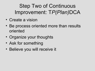 Step Two of Continuous
    Improvement: TP(Plan)DCA
• Create a vision
• Be process oriented more than results
  oriented
• Organize your thoughts
• Ask for something
• Believe you will receive it
 