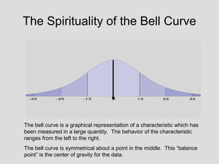 The Spirituality of the Bell Curve




The bell curve is a graphical representation of a characteristic which has
been measured in a large quantity. The behavior of the characteristic
ranges from the left to the right.
The bell curve is symmetrical about a point in the middle. This “balance
point” is the center of gravity for the data.
 