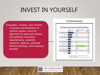 INVEST IN YOURSELF
Education, Careers, and Income
• Compare characteristics of
various careers, such as
alignment to personal interest
and aptitude, education
requirements, available
positions, salaries, potential
lifetime earnings, and employer
benefits.
 
