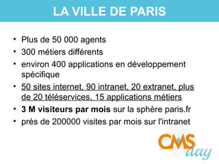 • Plus de 50 000 agents
• 300 métiers différents
• environ 400 applications en développement
spécifique
• 50 sites internet, 90 intranet, 20 extranet, plus
de 20 téléservices, 15 applications métiers
• 3 M visiteurs par mois sur la sphère paris.fr
• près de 200000 visites par mois sur l'intranet
LA VILLE DE PARIS
 
