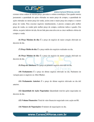 33
existam várias ordens de mesmo preço, prevalece a ordem cronológica. Este quadro mostra
justamente a quantidade de ações ofertadas no maior preço de compra, a quantidade de
ações ofertadas no menor preço de venda, assim como o maior preço de compra e o menor
preço de venda. Para executar negócios imediatamente, é preciso comprar pelo melhor
preço de venda, ou vender pelo melhor preço de compra, conforme indica o quadro. Em
ofertas, na parte inferior da tela, há um link para uma tela com as cinco melhores ofertas de
compra e venda.
(6) Preço Máximo do dia: É o preço do negócio de maior cotação efetivado no
decorrer do dia.
(7) Preço Médio do dia: É o preço médio dos negócios realizados no dia.
(8) Preço Mínimo do dia: É o preço do negócio de menor cotação efetivado no
decorrer do dia.
(9) Preço de Abertura: É o preço do primeiro negócio efetivado no dia.
(10) Fechamento: É o preço do último negócio efetivado no dia. Parâmetro de
variação para os negócios no After-Market.
(11) Fechamento Anterior: É o preço do último negócio efetivado no dia útil
anterior.
(12) Quantidade de Ações Negociadas: Quantidade total de ações negociadas no
decorrer do dia.
(13) Volume Financeiro: Total do valor financeiro negociado com a ação em R$.
(14) Número de Negociações: O número de negociações no dia.
 