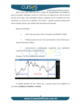 38
Dessa forma, todo o fator que afeta a relação de oferta/demanda está refletida no
preço do mercado. Entretanto, existem os eventos que são imprevisíveis e que as pessoas
não têm como saber, como calamidades naturais, catástrofes como os atentados nas torres
americanas, etc. Esses são os chamados "atos divinos" , quando acontecem podem gerar
fortes oscilações iniciais, mas acabam sendo absorvidos pelo mercado.
Resumo do Princípio:
• Todo o fator que afeta a oferta x demanda está refletido no índice.
• O Índice já possui em seu valor (já descontou) eventos futuros que a
imensa maioria não conhece.
• Acontecimentos completamente inesperados são rapidamente
avaliados e seus possíveis efeitos absorvidos.
Princípio 2: As Três Tendências do Mercado
O segundo princípio de Dow afirma que o mercado possui três tendências de
movimento: primária, secundária e terciária.
 
