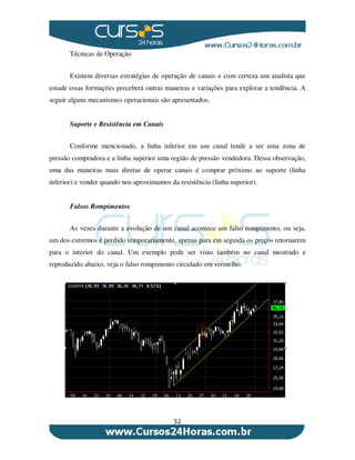 52
Técnicas de Operação
Existem diversas estratégias de operação de canais e com certeza um analista que
estude essas formações perceberá outras maneiras e variações para explorar a tendência. A
seguir alguns mecanismos operacionais são apresentados.
Suporte e Resistência em Canais
Conforme mencionado, a linha inferior em um canal tende a ser uma zona de
pressão compradora e a linha superior uma região de pressão vendedora. Dessa observação,
uma das maneiras mais diretas de operar canais é comprar próximo ao suporte (linha
inferior) e vender quando nos aproximamos da resistência (linha superior).
Falsos Rompimentos
As vezes durante a evolução de um canal acontece um falso rompimento, ou seja,
um dos extremos é perdido temporariamente, apenas para em seguida os preços retornarem
para o interior do canal. Um exemplo pode ser visto também no canal mostrado e
reproduzido abaixo, veja o falso rompimento circulado em vermelho.
 