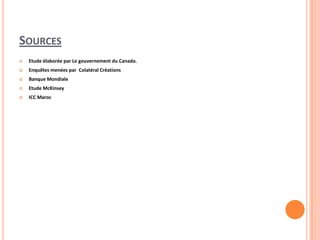 SOURCES
 Etude élaborée par Le gouvernement du Canada.
 Enquêtes menées par Colatéral Créations
 Banque Mondiale
 Etude McKinsey
 ICC Maroc
 