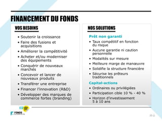 20
FINANCEMENT DU FONDS
VOS BESOINS
• Soutenir la croissance
• Faire des fusions et
acquisitions
• Améliorer la compétitivité
• Acheter et/ou moderniser
des équipements
• Conquérir de nouveaux
marchés
• Concevoir et lancer de
nouveaux produits
• Transférer une entreprise
• Financer l’innovation (R&D)
• Développer des marques de
commerce fortes (branding)
NOS SOLUTIONS
Prêt non garanti
• Taux compétitif en fonction
du risque
• Aucune garantie ni caution
personnelle
• Modalités sur mesure
• Meilleure marge de manœuvre
• Solidifie la structure financière
• Sécurise les prêteurs
traditionnels
Capital-actions
• Ordinaires ou privilégiées
• Participation cible 10 % - 40 %
• Horizon d’investissement
5 à 10 ans
 