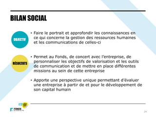 24
• Faire le portrait et approfondir les connaissances en
ce qui concerne la gestion des ressources humaines
et les communications de celles-ci
BILAN SOCIAL
OBJECTIF
RÉSULTATS
• Permet au Fonds, de concert avec l’entreprise, de
personnaliser les objectifs de valorisation et les outils
de communication et de mettre en place différentes
missions au sein de cette entreprise
• Apporte une perspective unique permettant d’évaluer
une entreprise à partir de et pour le développement de
son capital humain
 