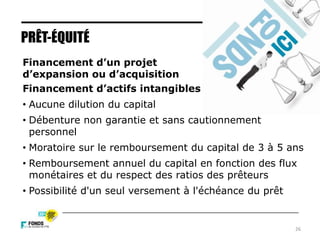 26
Financement d’un projet
d’expansion ou d’acquisition
Financement d’actifs intangibles
• Aucune dilution du capital
• Débenture non garantie et sans cautionnement
personnel
• Moratoire sur le remboursement du capital de 3 à 5 ans
• Remboursement annuel du capital en fonction des flux
monétaires et du respect des ratios des prêteurs
• Possibilité d'un seul versement à l'échéance du prêt
PRÊT-ÉQUITÉ
 