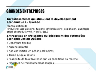 33
GRANDES ENTREPRISES
Investissements qui stimulent le développement
économique au Québec
(consolidation de
l’industrie, acquisitions, fusions, privatisations, expansion, augment
ation de productivité, MBO’s, etc.)
Entreprises en croissance ou dégageant des retombées
économiques au Québec
• Débenture flexible
• Aucune garantie
• Non convertible en actions ordinaires
• Terme jusqu’à 10 ans
• Possibilité de taux fixe basé sur les conditions du marché
• Modalités de remboursement souples
 