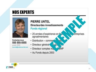 NOS EXPERTS
PIERRE UNTEL
Directeurdes investissements
Fonds régional
• 25 années d’expérience en financement d’entreprises
agroalimentaires
• Distribution – commercialisation
• Directeur général de la SOQUIA
• Directeur comptes majeurs BNP
• Au Fonds depuis 2003
37
Contactez-nous
555 555-5555
poste 5555
courriel@votrecourriel.com
 