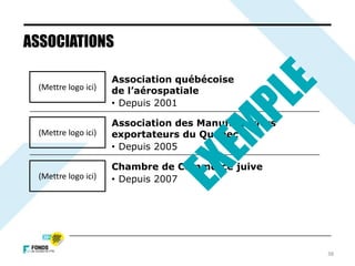 38
Association québécoise
de l’aérospatiale
• Depuis 2001
Association des Manufacturiers
exportateurs du Québec
• Depuis 2005
Chambre de Commerce juive
• Depuis 2007
ASSOCIATIONS
(Mettre logo ici)
(Mettre logo ici)
(Mettre logo ici)
 