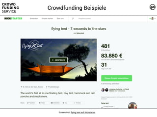 Screenshot: flying tent auf Kickstarter
Crowdfunding Beispiele
 