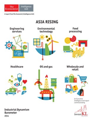 ASIA RISING
An Economist
Intelligence Unit report
commissioned by
Industrial Dynamism
Barometer
2014
A report from The Economist Intelligence Unit
Engineering
services
Environmental
technology
Food
processing
Healthcare Oil and gas Wholesale and
retail
 