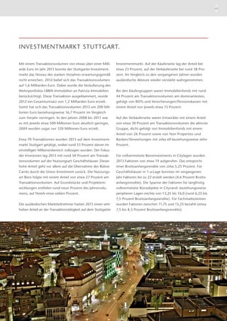 2
3

INVESTMENTMARKT STUTTGART.
Mit einem Transaktionsvolumen von etwas über einer Milli-

Investmentmarkt. Auf der Käuferseite lag der Anteil bei

arde Euro im Jahr 2013 konnte der Stuttgarter Investment-

etwa 23 Prozent, auf der Verkäuferseite bei rund 38 Pro-

markt das Niveau des starken Vorjahres erwartungsgemäß

zent. Im Vergleich zu den vergangenen Jahren wurden

nicht erreichen. 2012 belief sich das Transaktionsvolumen

ausländische Akteure wieder verstärkt wahrgenommen.

auf 1,6 Milliarden Euro. Dabei wurde die Veräußerung des
Wohnportfolios LBBW Immobilien an Patrizia Immobilien

Bei den Käufergruppen waren Immobilienfonds mit rund

berücksichtigt. Diese Transaktion ausgeklammert, wurde

44 Prozent am Transaktionsvolumen am dominantesten,

2012 ein Gesamtumsatz von 1,2 Milliarden Euro erzielt.

gefolgt von REITs und Versicherungen/Pensionskassen mit

Somit hat sich das Transaktionsvolumen 2013 um 200 Mil-

einem Anteil von jeweils etwa 13 Prozent.

lionen Euro beziehungsweise 16,7 Prozent im Vergleich
zum Vorjahr verringert. In den Jahren 2008 bis 2011 war

Auf der Verkäuferseite waren Entwickler mit einem Anteil

es mit ­eweils etwa 500 Millionen Euro deutlich geringer,
j

von etwa 30 Prozent am Transaktionsvolumen die aktivste

2009 wurden sogar nur 320 Millionen Euro erzielt.

Gruppe, dicht gefolgt von Immobilienfonds mit einem
Anteil von 26 Prozent sowie von Non Properties und

Etwa 70 Transaktionen wurden 2013 auf dem Investment-

Banken/Verwertungen mit zirka elf beziehungsweise zehn

markt Stuttgart getätigt, wobei rund 55 Prozent davon im

Prozent.

einstelligen Millionenbereich vollzogen wurden. Der Fokus
der Investoren lag 2013 mit rund 50 Prozent am Transak-

Für vollvermietete Büroinvestments in Citylagen wurden

tionsvolumen auf der Nutzungsart Geschäftshäuser. Dieser

2013 Faktoren von etwa 19 aufgerufen. Das entspricht

hohe Anteil geht vor allem auf die Übernahme des Bülow

e
­ iner Bruttoanfangsrendite von zirka 5,25 Prozent. Für

Carrés durch die Union Investment zurück. Die Nutzungs-

G
­ eschäftshäuser in 1-a-Lage konnten im vergangenen

art Büro folgte mit einem Anteil von etwa 27 Prozent am

Jahr Faktoren bis zu 22 erzielt werden (4,6 Prozent Brutto­­

Transaktionsvolumen. Auf Grundstücke und Projektent-

anfangsrendite). Die Spanne der Faktoren für langfristig

wicklungen entfielen rund neun Prozent des Jahresvolu-

vollvermietete Büroobjekte in Cityrand- beziehungsweise

mens, auf Hotels etwa sieben Prozent.

peripheren Lagen reichte von 13,25 bis 16,0 (rund 6,25 bis
7,5 Prozent Bruttoanfangsrendite). Für Fachmarktzentren

Die ausländischen Marktteilnehmer hatten 2013 einen sehr

wurden Faktoren zwischen 11,75 und 13,25 bezahlt (etwa

hohen Anteil an der Transaktionstätigkeit auf dem Stuttgarter

7,5 bis 8,5 Prozent Bruttoanfangsrendite).

 
