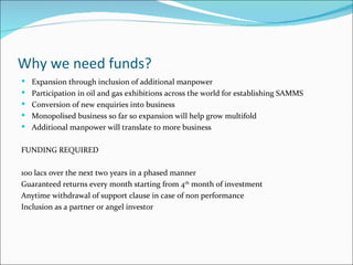 Why we need funds?
 Expansion through inclusion of additional manpower
 Participation in oil and gas exhibitions across the world for establishing SAMMS
 Conversion of new enquiries into business
 Monopolised business so far so expansion will help grow multifold
 Additional manpower will translate to more business


FUNDING REQUIRED

100 lacs over the next two years in a phased manner
Guaranteed returns every month starting from 4th month of investment
Anytime withdrawal of support clause in case of non performance
Inclusion as a partner or angel investor
 