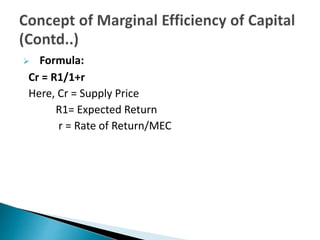  Formula:
Cr = R1/1+r
Here, Cr = Supply Price
R1= Expected Return
r = Rate of Return/MEC
 