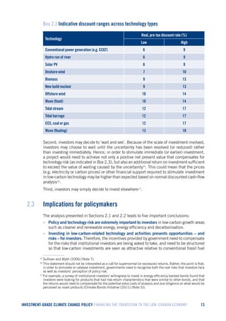 INVESTMENT-GRADE CLIMATE CHANGE POLICY FINANCING THE TRANSITION TO THE LOW-CARBON ECONOMY 13 
Box 2.3 Indicative discount ranges across technology types 
Technology 
Real, pre-tax discount rate (%) 
Low 
High 
Conventional power generation (e.g. CCGT) 
6 
9 
Hydro run of river 
6 
9 
Solar PV 
6 
9 
Onshore wind 
7 
10 
Biomass 
9 
13 
New build nuclear 
9 
13 
Offshore wind 
10 
14 
Wave (fixed) 
10 
14 
Tidal stream 
12 
17 
Tidal barrage 
12 
17 
CCS, coal or gas 
12 
17 
Wave (floating) 
13 
18 
Second, investors may decide to ‘wait and see’. Because of the scale of investment involved, investors may choose to wait until the uncertainty has been resolved (or reduced) rather than investing immediately. Hence, in order to stimulate immediate (or earlier) investment, a project would need to achieve not only a positive net present value that compensates for technology risk (as indicated in Box 2.3), but also an additional return on investment sufficient to exceed the value of waiting caused by the uncertainty15. This could mean that the prices (e.g. electricity or carbon prices) or other financial support required to stimulate investment in low-carbon technology may be higher than expected based on normal discounted cash-flow analysis16. 
Third, investors may simply decide to invest elsewhere17. 
2.3 Implications for policymakers 
The analysis presented in Sections 2.1 and 2.2 leads to five important conclusions: 
• Policy and technology risk are extremely important to investors in low-carbon growth areas such as cleaner and renewable energy, energy efficiency and decarbonisation. 
• Investing in low-carbon-related technology and activities presents opportunities – and risks – for investors. Therefore, the incentives provided by government need to compensate for the risks that institutional investors are being asked to take, and need to be structured so that low-carbon investments are seen as attractive relative to conventional fossil fuel 
15 Sullivan and Blyth (2006) (Note 7). 
16 This statement should not be interpreted as a call for supernormal (or excessive) returns. Rather, the point is that, in order to stimulate or catalyse investment, governments need to recognise both the real risks that investors face as well as investors’ perception of policy risk. 
17 For example, a survey of institutional investors’ willingness to invest in energy efficiency-backed bonds found that investors were looking for products that had risk-return characteristics that were similar to other bonds, and that the returns would need to compensate for the potential extra costs of analysis and due diligence on what would be perceived as novel products (Climate Bonds Initiative (2011) (Note 5)).  
