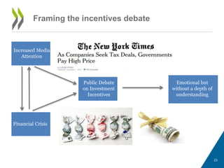 23 
Increased Media 
Attention 
Financial Crisis 
Public Debate 
on Investment 
Incentives 
Emotional but 
without a depth of 
understanding 
Framing the incentives debate 
23 
 