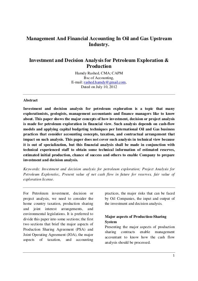 Investment And Decision Analysis For Petroleum Exploration